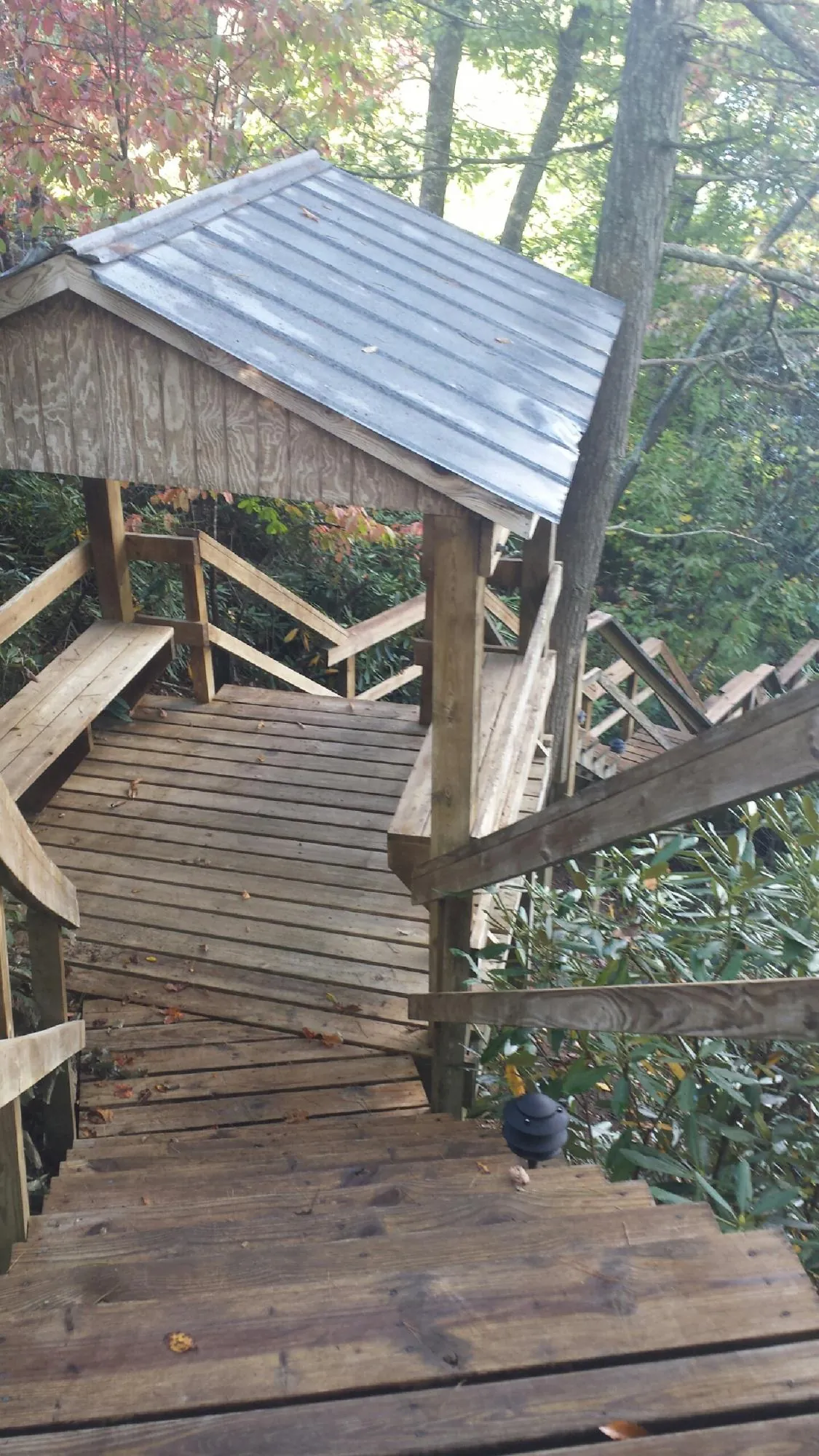 Metal roofed shelter over wooden steps on a wooded walkway — Skylight Repair & Installation work by our crew in Downey